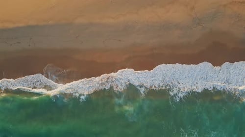 Foamy Marine Sand Beach at Summer Weekend Aerial View White Sea Waves Coastline