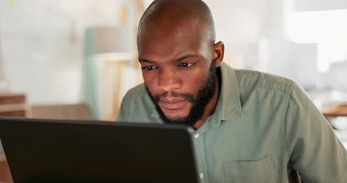Laptop, work and businessman reading an email, working on the internet and doing a search for ideas