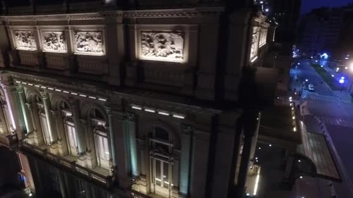 Aerial night view of the Colon theater. Buenos Aires, Argentina.