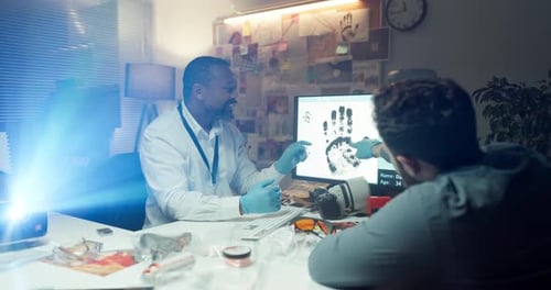 People, detective and talk with computer in office for investigation, evidence and suspect dna