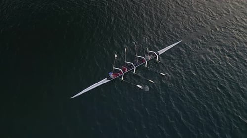 Aerial View Quadruple Scull Boat with Four Rowers Prepares to Compete in a Race