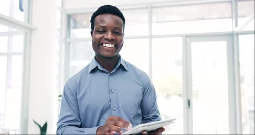 Portrait, smile and a business black man in his professional office for design
