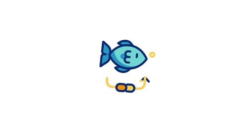 Animated Fishing Hook and Fish Flat Design Icon