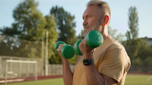 Elderly Caucasian Pensioner Man Lift Dumbbells Confident Sportsman Athlete Training Physical