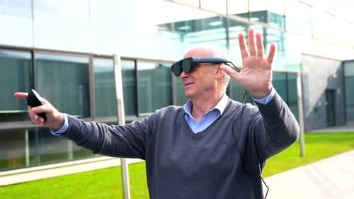 Man Interacting with Augmented Reality Interface Outdoors