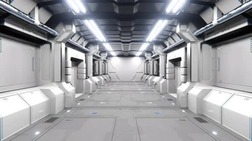 Seamless Loop Motion Graphic of Flying into Sci-Fi White Spaceship Hallway