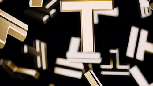 Endlessly Falling Gold Tenge Symbol on a Black Background