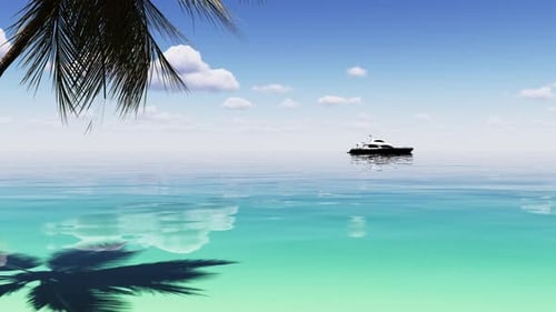 Holidays on a tropical island with palm trees and a yacht