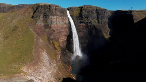 Aerial View Of Haifoss Waterfall On A Sunny Day In Iceland.