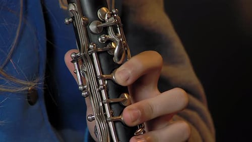 Fingers of a Young Woman Tapping the Keys of a Clarinet.