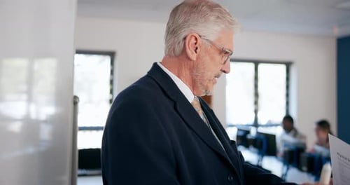 Education, college professor and students in classroom for lecture and learning in science