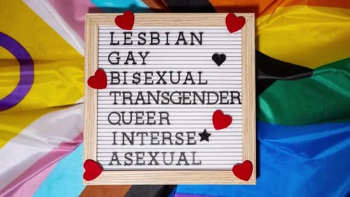 Увеличьте масштаб рамки описания LGBTQIA на радужном флаге LGBTQIA, изготовленном из шелкового материала LESBIAN GAY