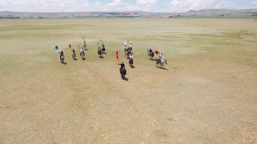 Horseback Riders Holding Flags on Open Field