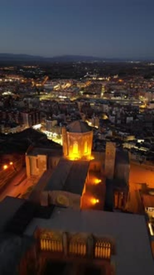 Aerial view of a Gothic-Romanesque cathedral in Lleida, an ancient city in Spain