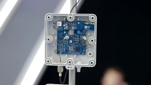 Nahaufnahme eines montierten Elektronikgehäuses mit einer freiliegenden blauen Leiterplatte und Steckverbindern auf einem