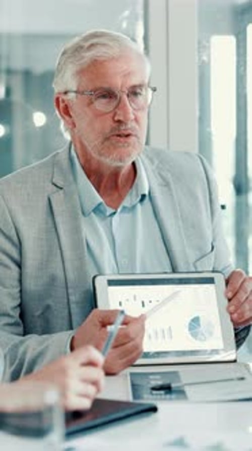 Presentation, tablet screen and businessman in office with statistics, graphs or charts for finance