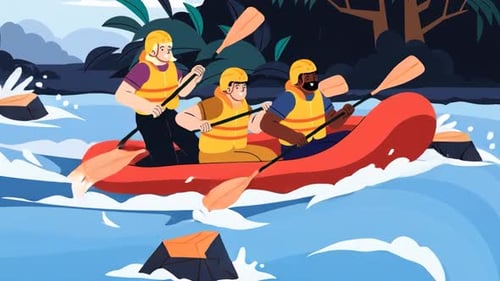 A group of people River Rafting Adventure on Wild River Water Sports - Cartoon Animations