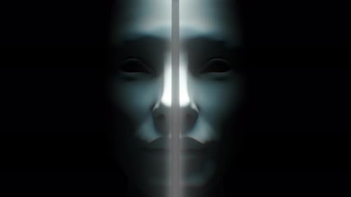 Futuristic Digital Face with Glowing Light Beam