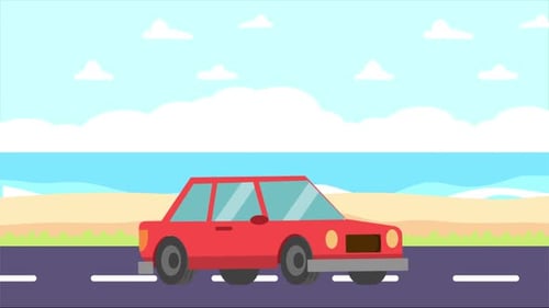 Red Car Driving On Road Near Beach In Summer