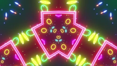 Neon background with hexagonal design in space. Kaleidoscope VJ loop