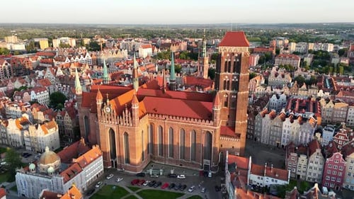 Aerial Video Shot By Drone Over the Historic Tourist Center of Gdansk the City Hall and the