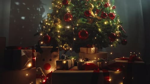 Festive Christmas Tree and Presents at Night