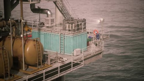 Oil Rig Structure with Equipment and Working Area Over the Ocean