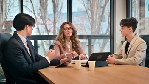 Business meeting in an office, female team leader and two young men discussing business affairs usin