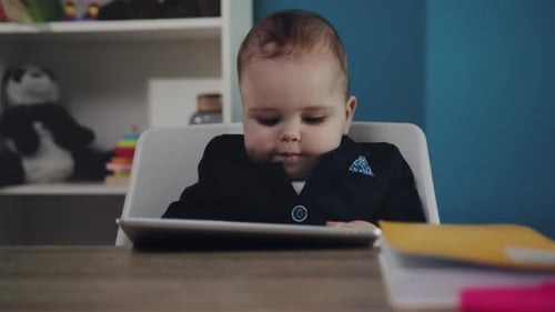 Baby in Suit Using Tablet at Desk