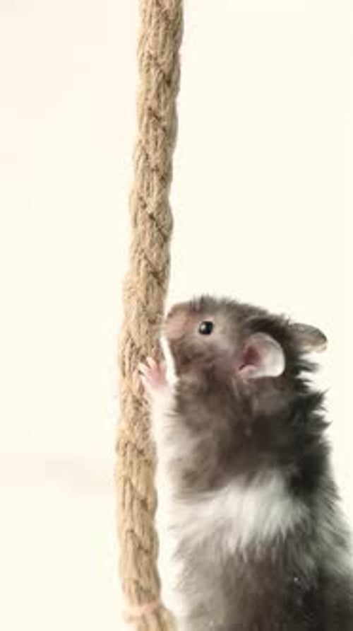 Whitegray Hamster Climbs Up the Rope Strength Training and Active Pet Exercises