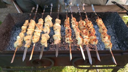 Raw Chicken Cooking on Metal Grill Skewers