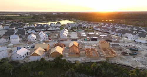Development of Residential Housing in the USA Wooden Frames of New Cheap American Homes Under
