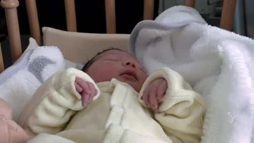 Sleeping Newborn Infant in Crib with Blanket