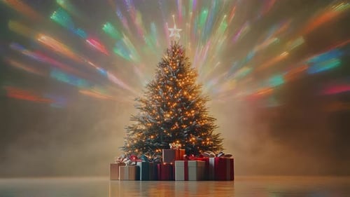 A Beautifully Decorated Christmas Tree Adorned with Colorful Lights and Festive Gifts