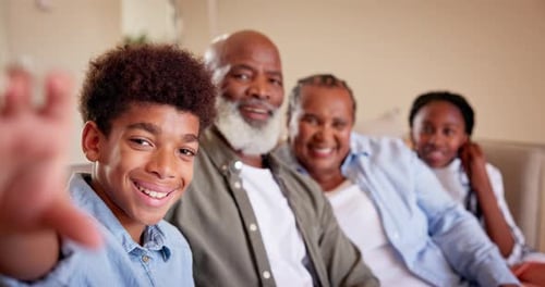 Family, selfie and face for photograph at home, happy and together to capture moment on sofa