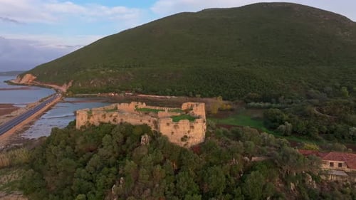 Aerial view of Griva Castle and lagoon, Greece.