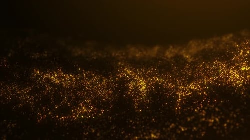 Des particules de lumière dorées traversent une scène sombre avec une douce lueur bokeh et de riches reflets