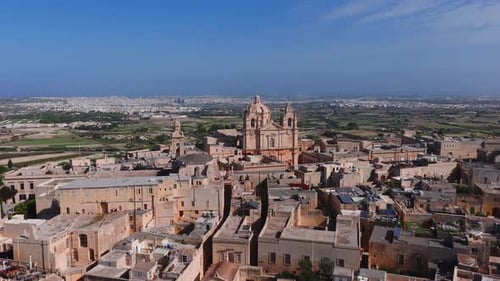 Aerial Panorama of Mdina Malta with Baroque Cathedral and Walls