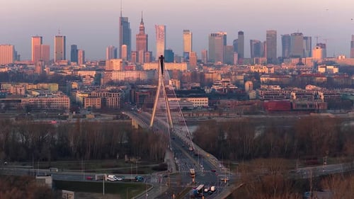Warsaw modern city skyline with swietokrzyski bridge and vistula river