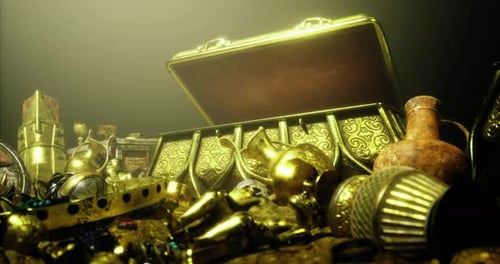 Golden Treasure Chest with Ancient Artifacts Animation