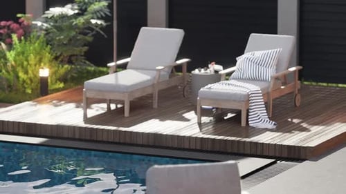 Exterior design details, close-up shot, two sun loungers by the pool.