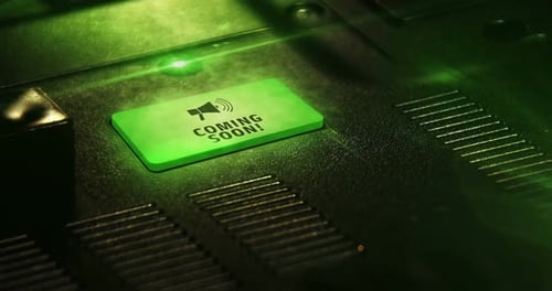 Animated Coming Soon Button with Megaphone Icon and Glowing Effect