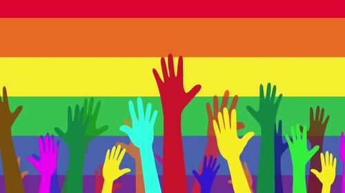 Animated Diverse Hands Waving on Rainbow Flag Background