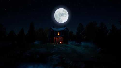 Creepy Haunted House Night with Full Moon and Fog