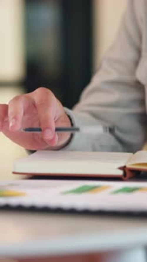 Man, hand and thinking in office with notebook, business productivity data or goal setting for KPI