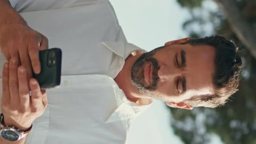 Tourist Walking City Holding Smartphone Vertically Closeup Man Reading Message