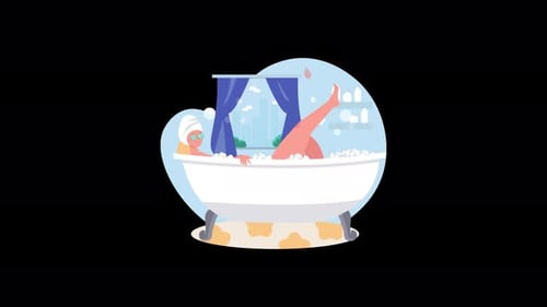 Relaxing Woman Enjoying a Bubble Bath in a Cozy Modern Bathtub Illustration