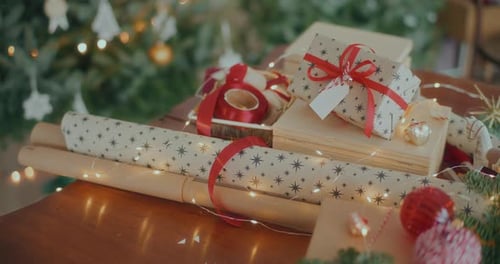 Christmas Presents and Decorations on Table