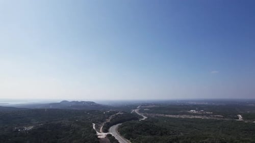 High angle aerial view of the Texas Hill Country and FM32 Road, near Canyon Lake, Tx