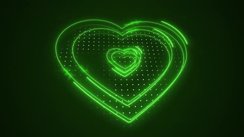 3D Moving Abstract Green Moving Glowing Heart Outline Shape. Hearts Inside Heart